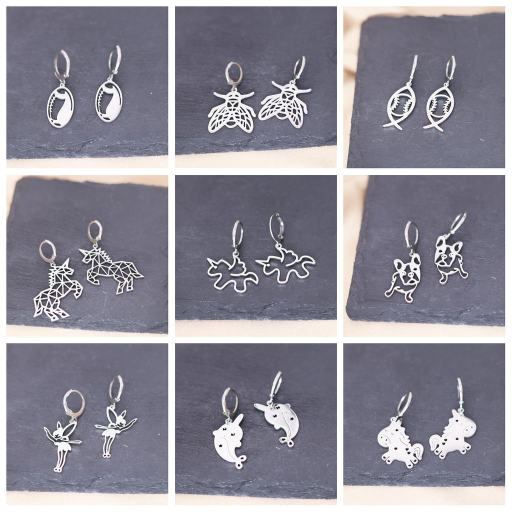 Kinitial Stainless Steel Bulldog Unicorn Dragon Fairy Turtle Sword Death Moth Earrings For Women Trendy Piercing Jewelry