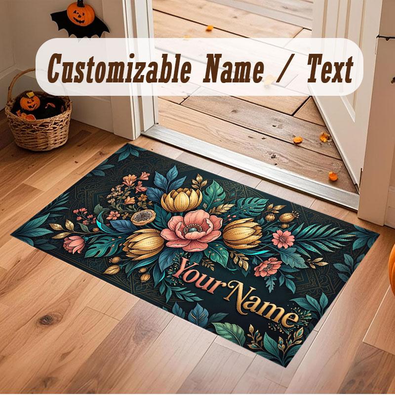 Floral Garden Theme Crystal Velvet Floor Rug Personalized Custom Name Text Warm Carpet Home Decoration