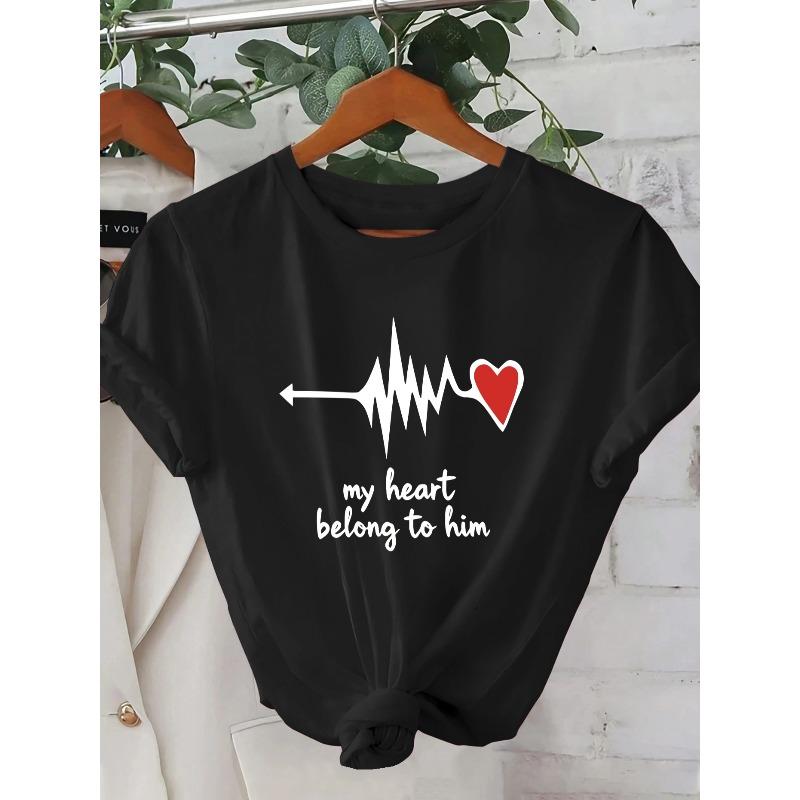 Damen 2D Geometrischer Schallwellen & Herz Print Rundhals Kurzarm Lässiges Street Style T-Shirt