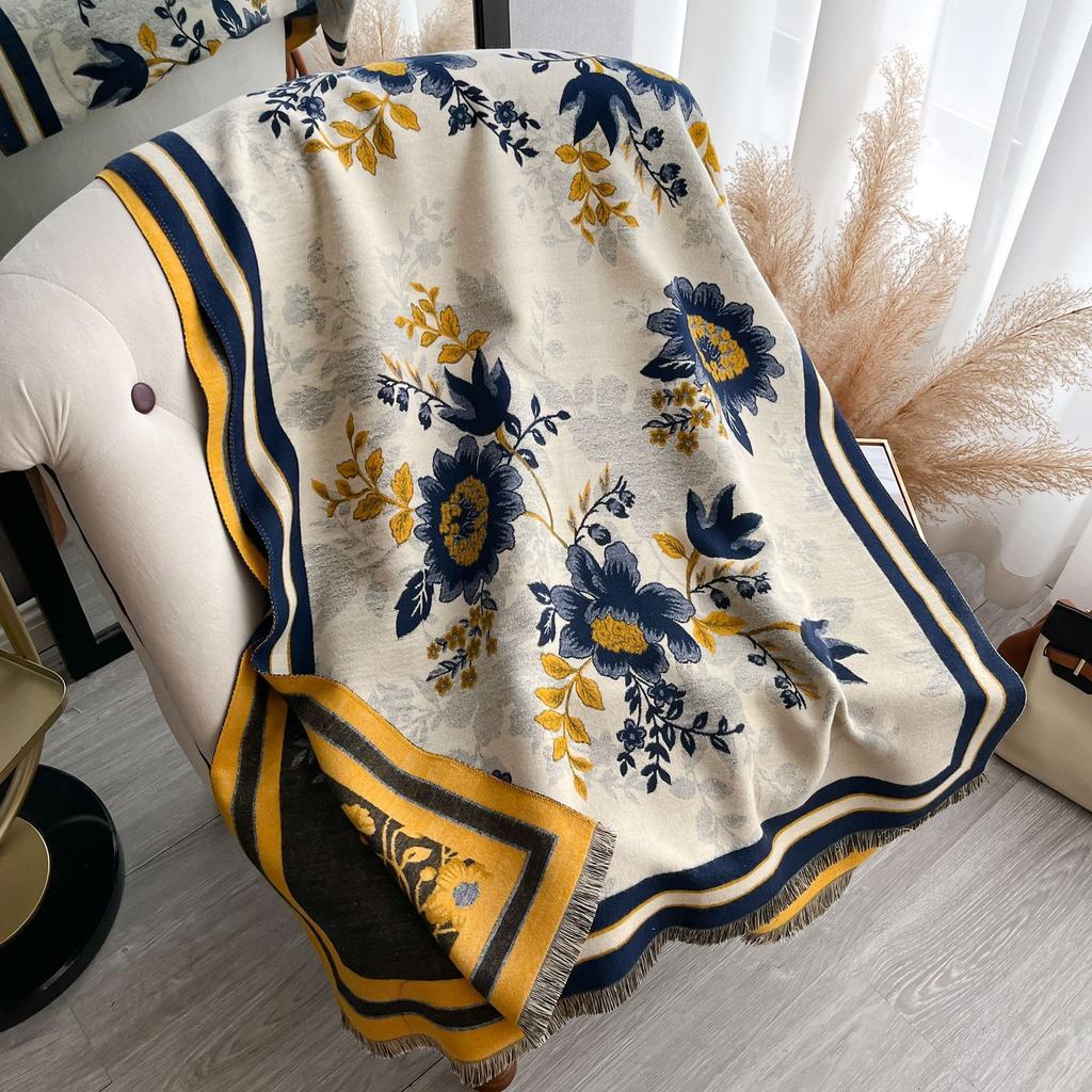 Autumn And Winter Color Matching Magnolia Flower Imitation Cashmere Scarf Women'S Winter Versatile Temperament Scarf To Keep Out The Cold Shawl
