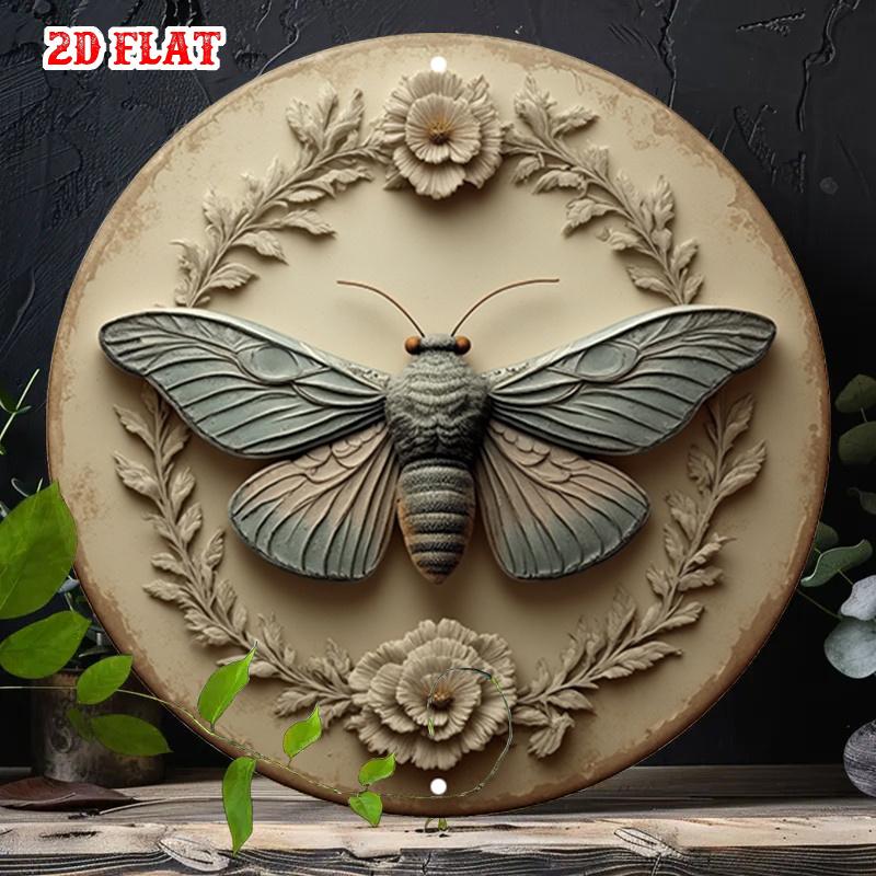 Vintage Moth Floral Wreath Relief Round HD Metal Wall Art Retro Insect Botanical Decorative Tin Sign for Home Garden