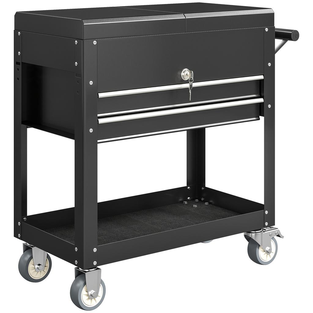 Rolling Tool Cabinet, Tool Chest with Drawers, Work Surface, Lockable, with Handle, Steel, Black