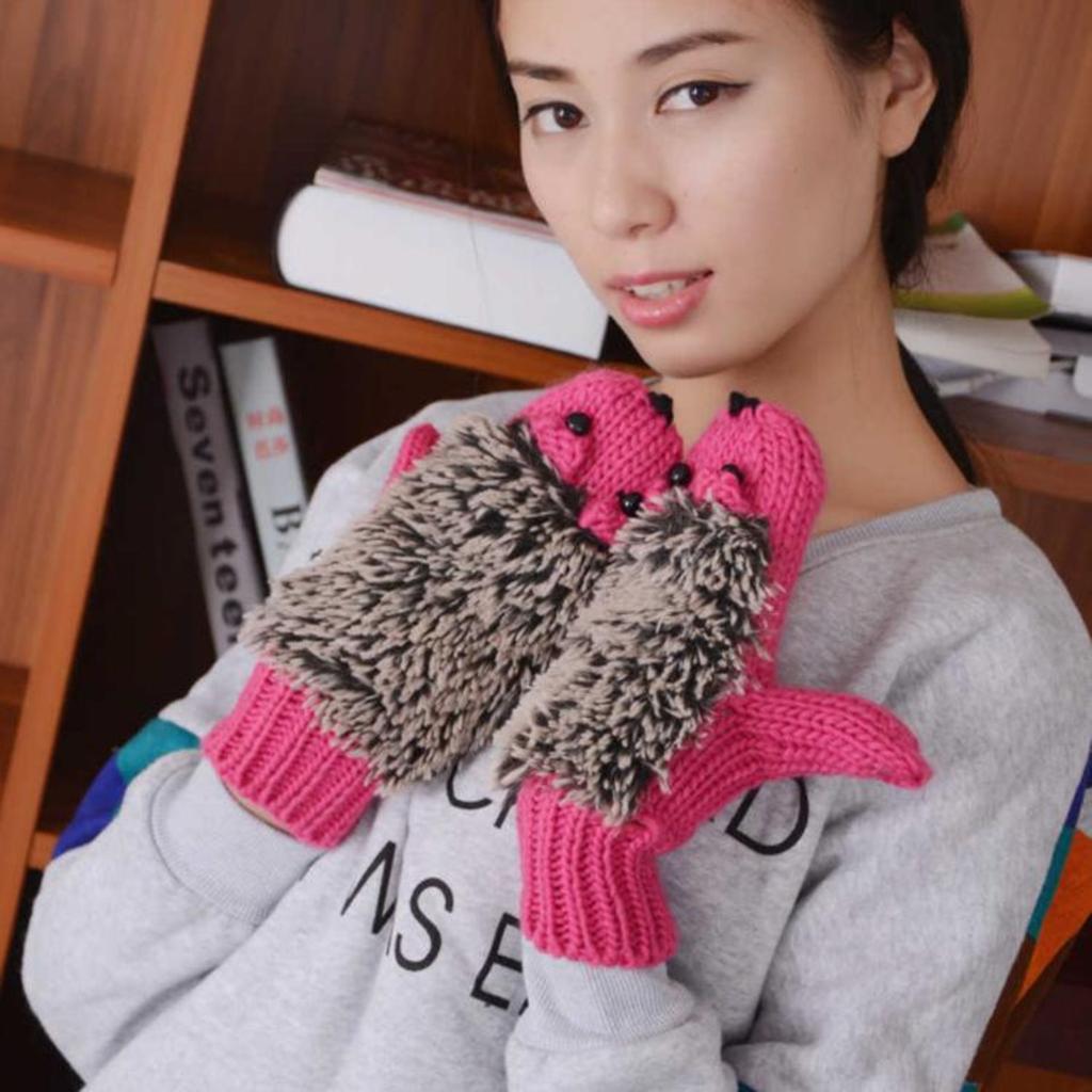 Damen All-Finger Cartoon Igel Handschuhe Süße Mädchen Winter Strickhandschuhe