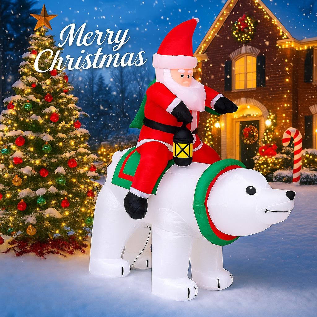 5.91FT Inflatable Toy Santa Claus Ride Polar Bear Xmas Yard Lawn Party Decoration with LED Lit Christmas Home Supplies Ornaments