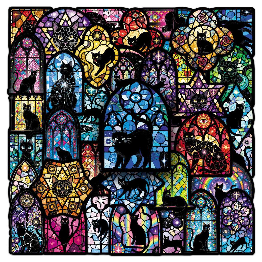 50 Stained Glass & Black Cat Gothic Stickers - Colorful, Waterproof, Decorative Journal Set