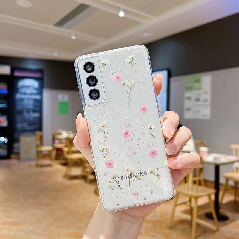 

For Samsung S25ultra Flower Phone Case S24Plus Glitter Pink Sequin A16 Transparent A35 Real Flower Niche For Samsung A14