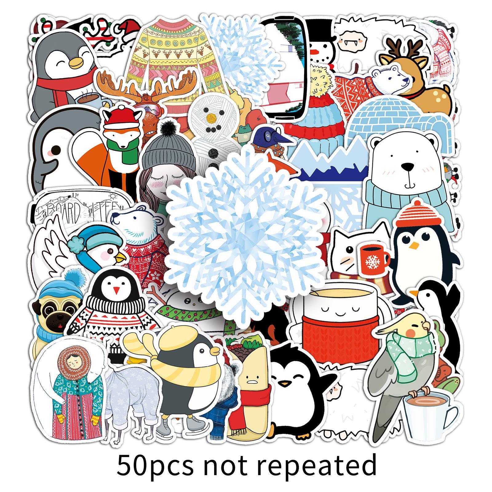 50 Sheets Winter-Themed Cute Snowman & Penguin Cup Stickers