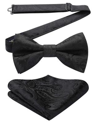 [HISDERN] Black Bow Tie for Men, One-Touch Paisley Pattern, Pocket Square Set, Formal, Black Bow Tie, Wedding, Easy To Put On and Take Off,