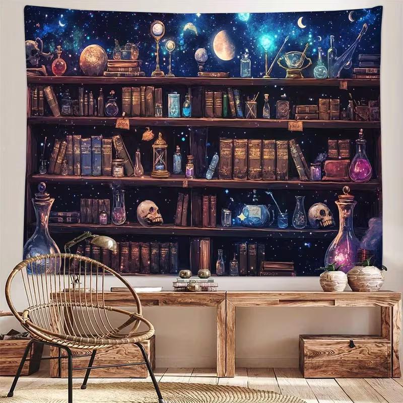 2D Gothic Apothecary Bookshelf Backdrop, Starry Night Magic Room Background