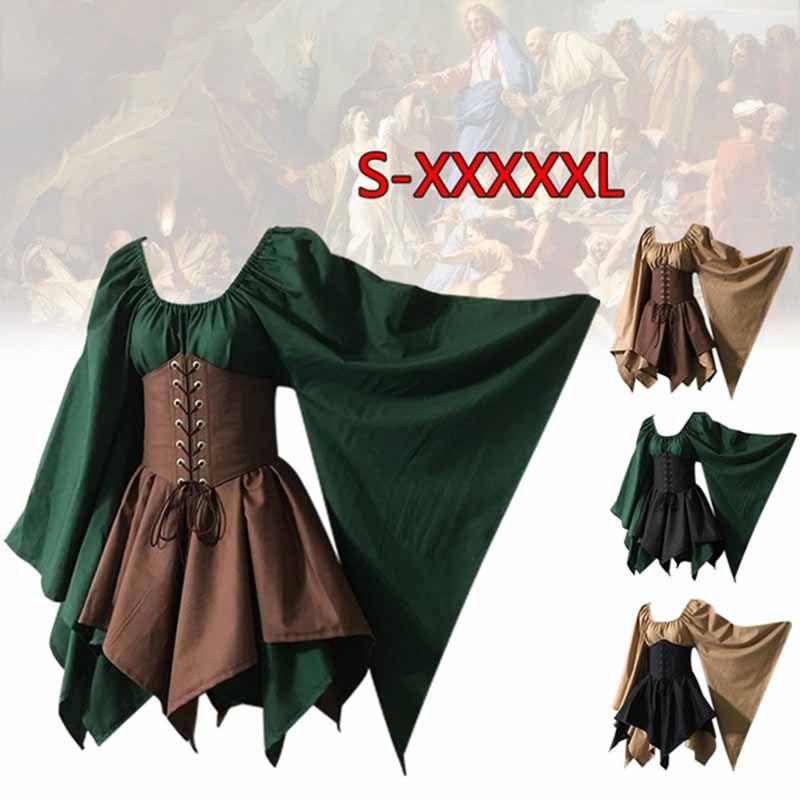 Women Medieval Woodland Elf Fairy Dress Corset Set Top Skirts Halloween Costume