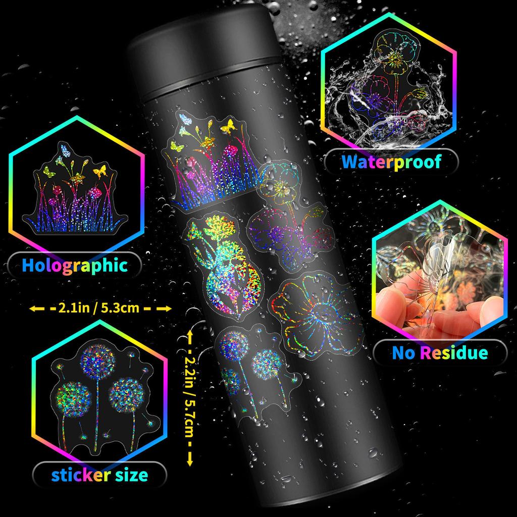 100 Transparent Laser Decals Blooming Stickers PET Creative Retro Laser Tent Holographic Stickers