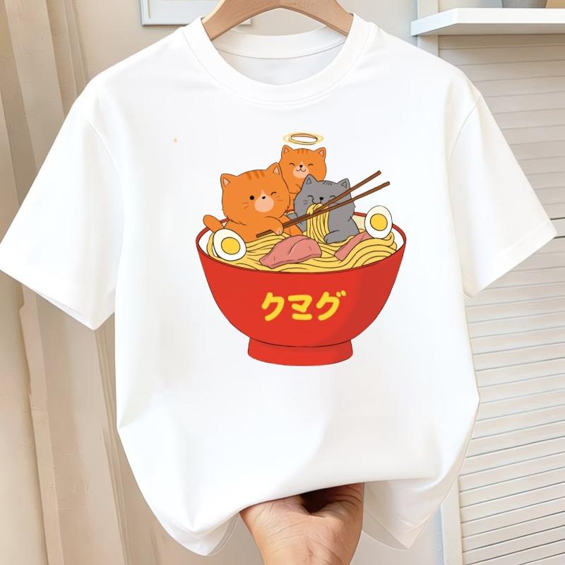 Children Crew Neck Short Sleeve T-Shirt with Cartoon Rabbit & Ramen Print