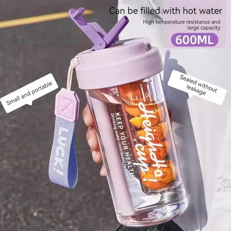 600ML Water Cup Handy Sports Water Bottle Food Grade Material Tea Partition Water Cup Female Straw Summer Portable Bottle 600ml