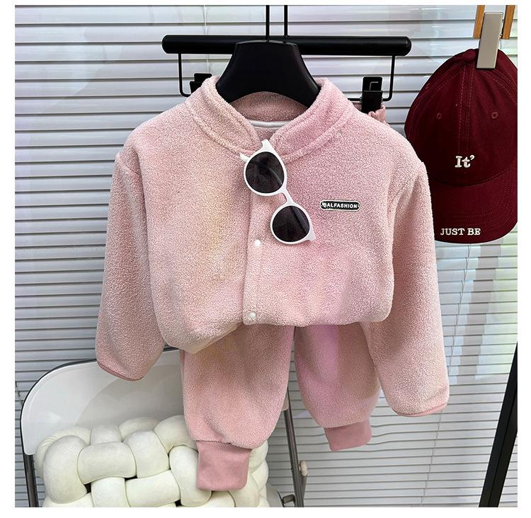 Korean Style Kids' Two-Piece Set: Stand-up Collar Fleece Sweater & Thick Pants for Fall/Winter, Unisex