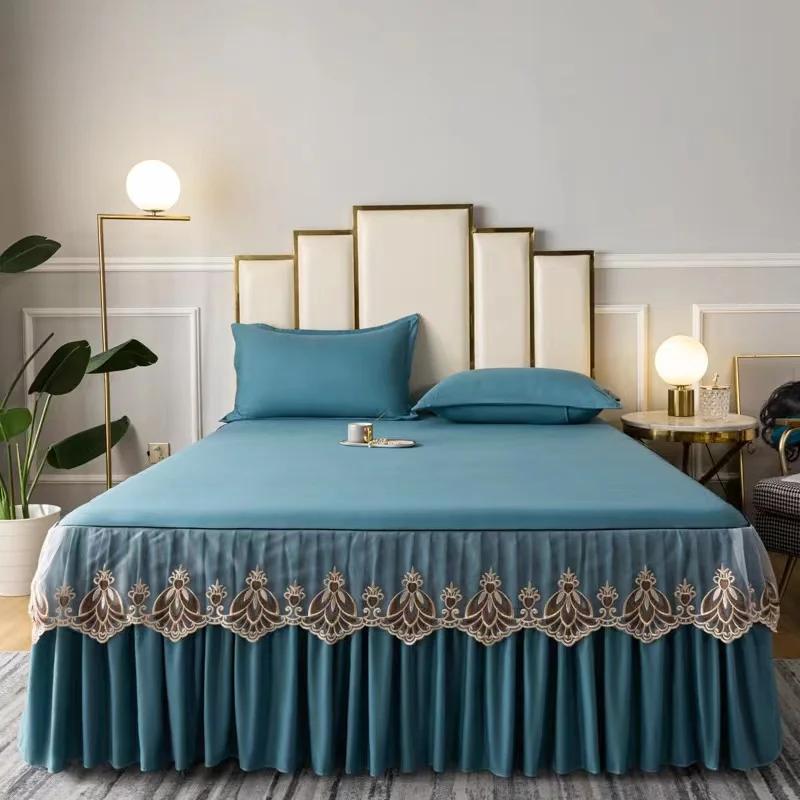3pcs Set Raw Cotton Bed Romance Dust Protector Cover Soft Bedspread Embroidery Lace Edge Bed Skirt with 2pcs Pillowcase