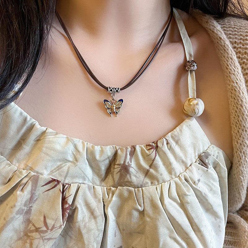 Chiński Styl Vintage Kolorowy Wisiorek Motyl Naszyjniki Łańcuszki z Koralików Choker Zestaw Biżuteria Fashion Dla Kobiet Akcesoria Prezentowe