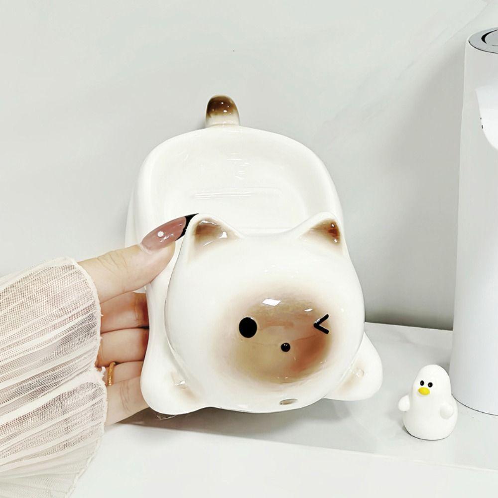Cute Cat Soap Box Ceramic Bathroom Storage Rack Tray Container Soap Dish  Drainage Rack