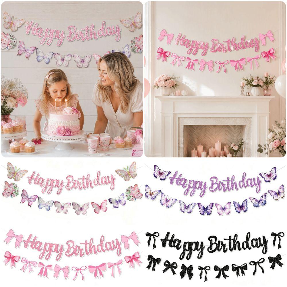 Butterfly Bowknot Happy Birthday Banner Multicolor Wall Hanging Banner Birthday Party