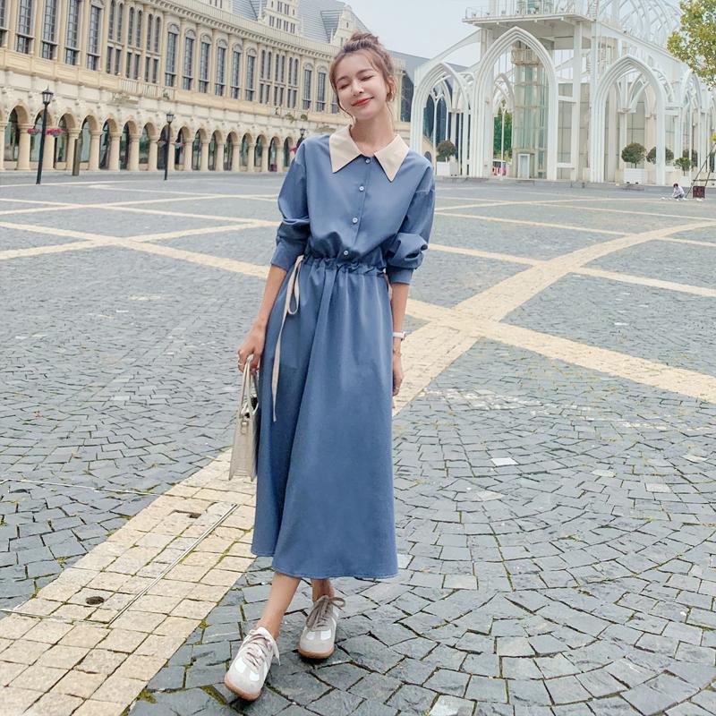 Vestido Camisero Francés Color Block Manga Larga para Mujer Primavera Otoño Entallado Temperamental Juvenil Falda Larga