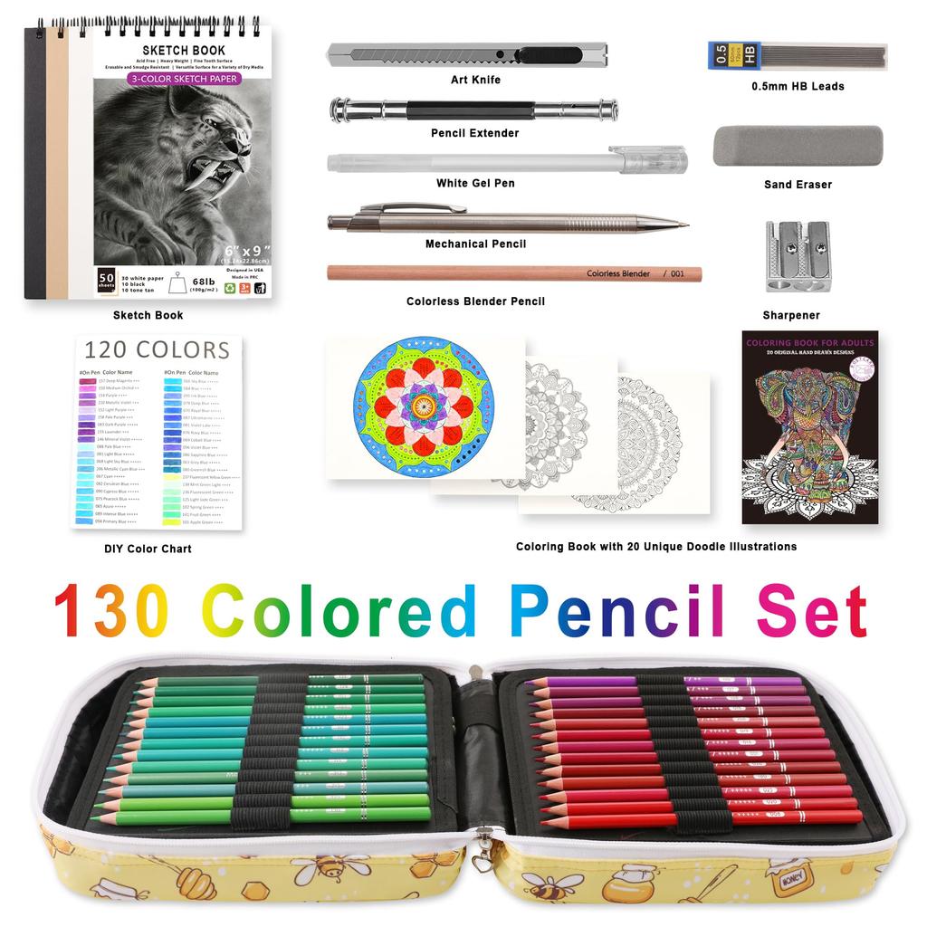 HIFORNY 130 Colored Pencil Set for Adult Coloring Books 120 Colors with 3 Color Mechanical and Colorless Blending – Sketchbooks, 0.5mm Pencils,