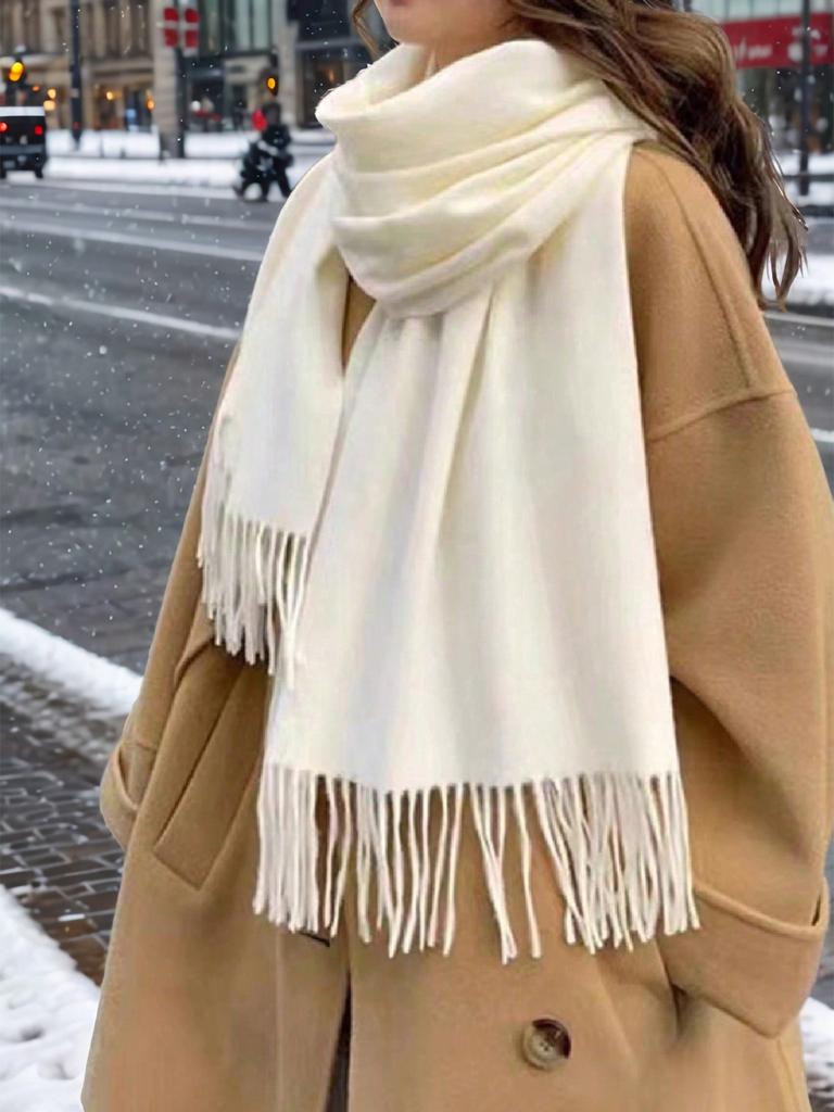 1pc Women's Fringe Cashmere Scarf, Thick Warm Shawl, Solid Colored, Multifunctional Neck Warmer, Autumn/Winter