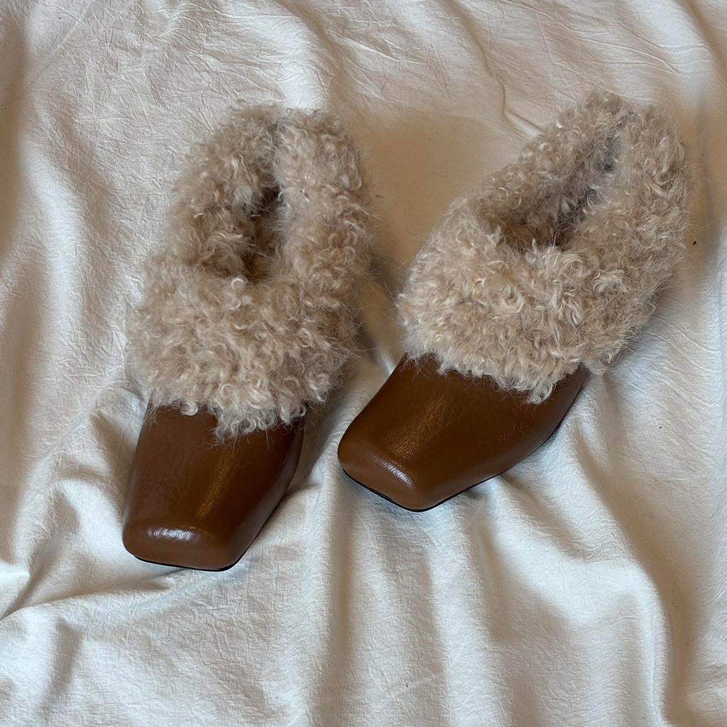 Sheepskin version~ New velvet warm fluffy shoes for women's inner height increase, flat bottom versatile square head comfortable leather shoes