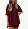 2026 Cross-border Foreign Trade Amazon TK2025 Women's Casual Round Neck Loose T High Waist Side Pocket Shorts