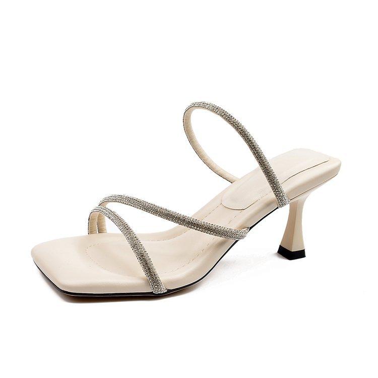 Fairy Rhinestone with Cool Slippers, Female Outer Wear Summer Square Head Stepping On Shit Feeling High Heels Fashion Sandals
