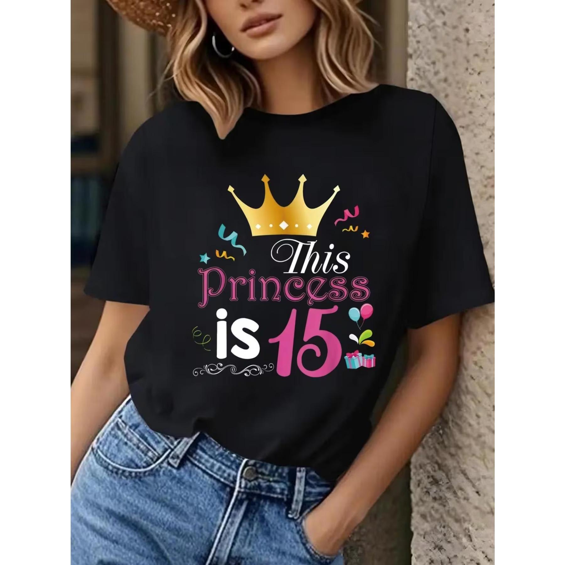 

Casual Crew Neck T-Shirt for Featuring This Princess Is 15 Text and A Crown Graphic Regular Length - Part of The Spring/Summer XXL чорний