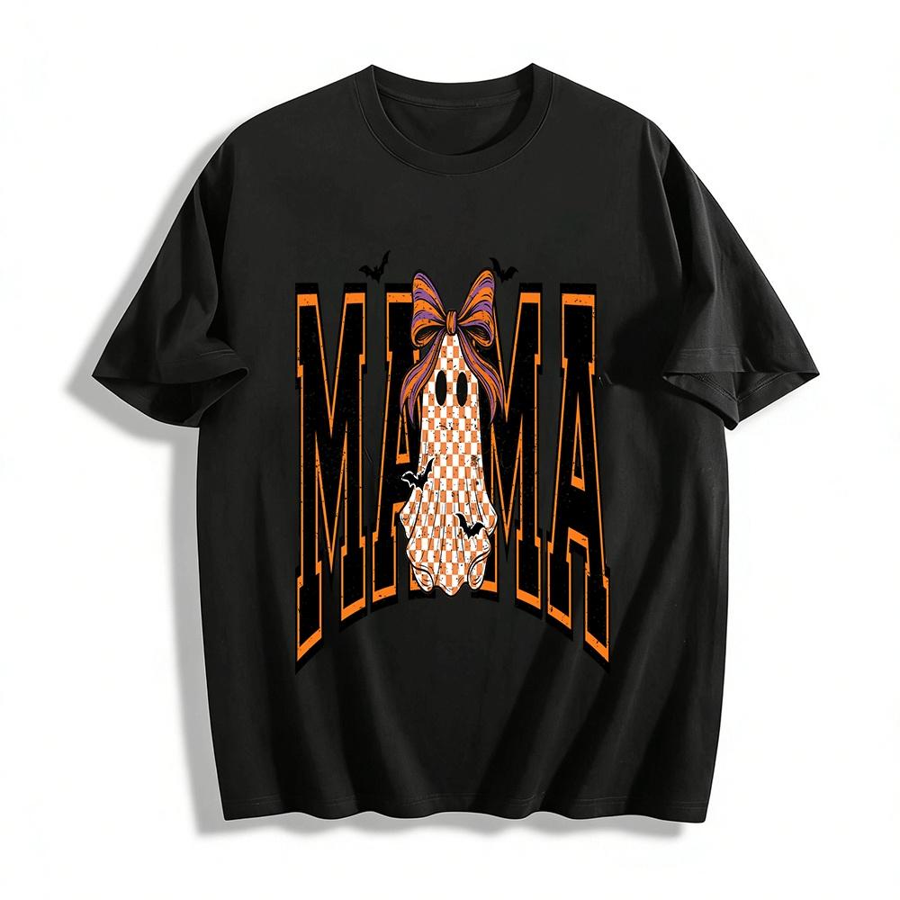 Halloween Plaid Ghost Bow MAMA Print Casual Top Pure cotton T-shirt XXS