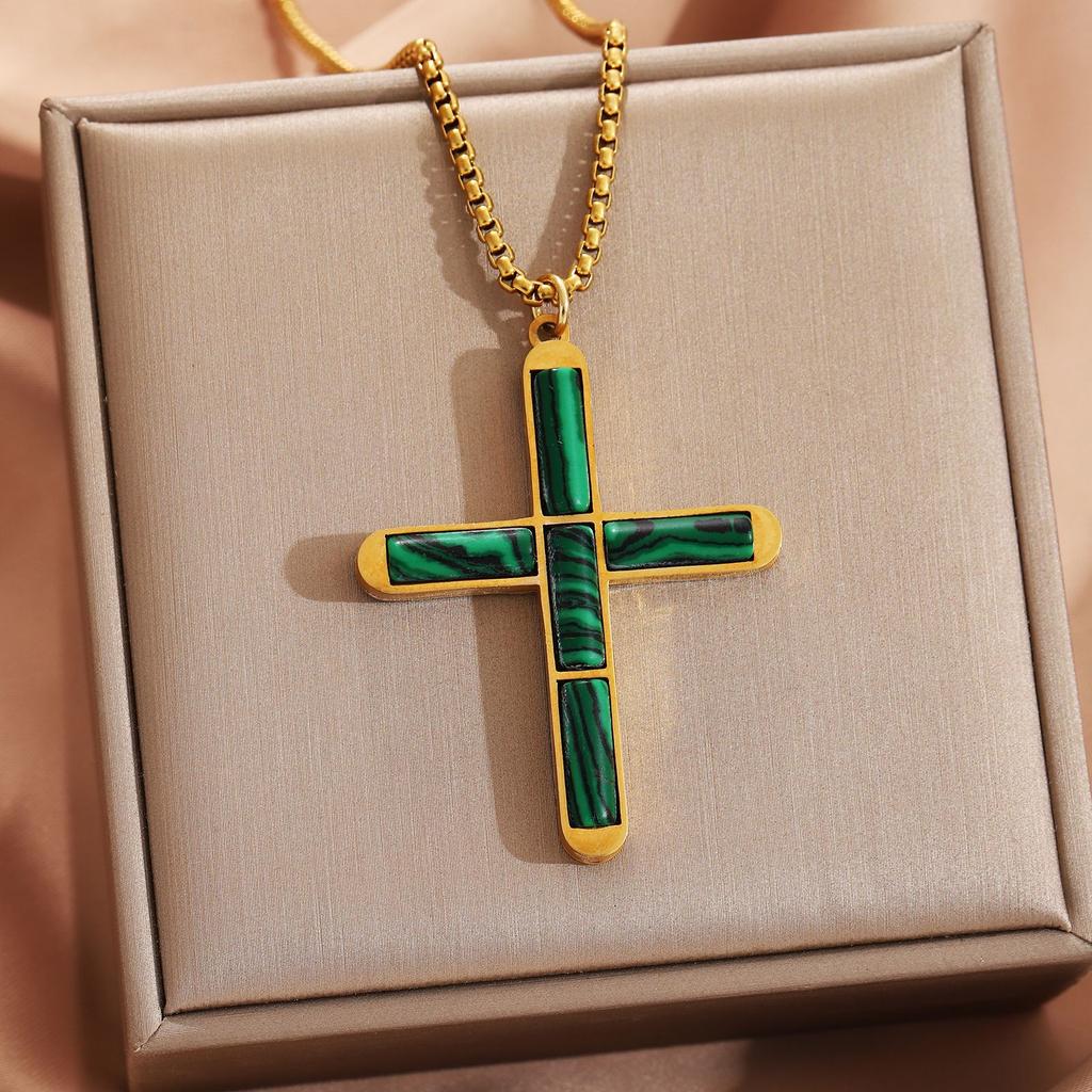 Natural Shoushan Stone Tiger Eye Cross Pendant Square Chain Necklace For Men Women