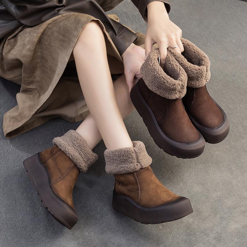 Fashion GKTINOO Genuine Leather Snow Boots Platform Plush Warm Winter Mid-Calf Boots Women Booties Thick Soled Shoes