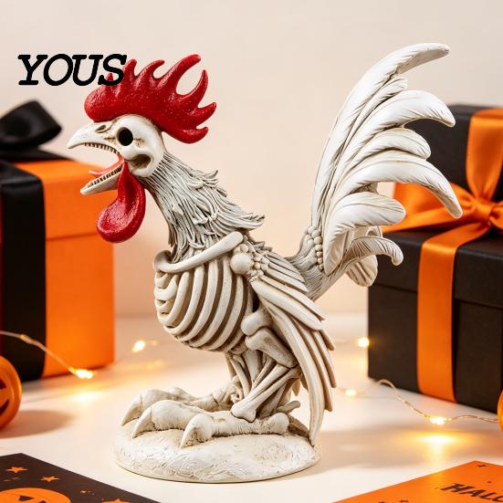 Indoor Outdoor Statue Halloween Skeleton Rooster, Lifelike Chicken Decoration, Spooky Animal Creative Yard Sculpture Bone for Desktop Garden