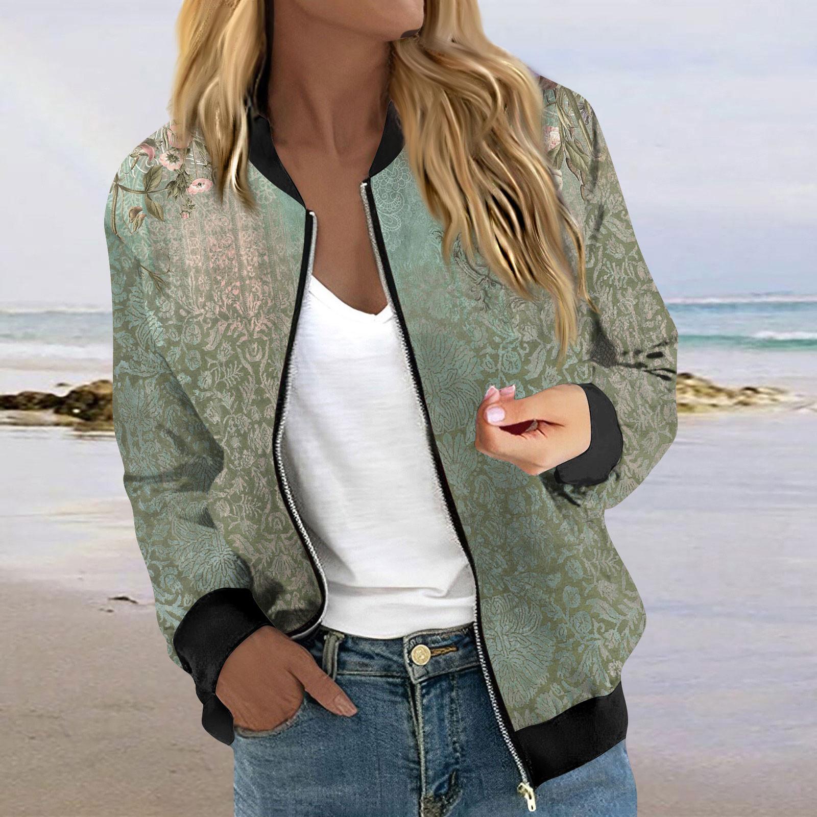 

Женская модная повседневная куртка на молнии с принтом и карманами, длинное пальто с рукавами L армия зеленый