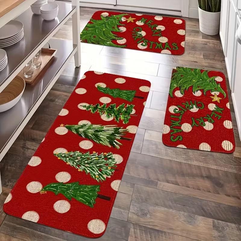 Vintage Puffy Christmas Tree Pattern Mat Non-slip Oil-proof Waterproof Floor Mat Dirt-resistant  Floor Mat for Kitchen Bathroom