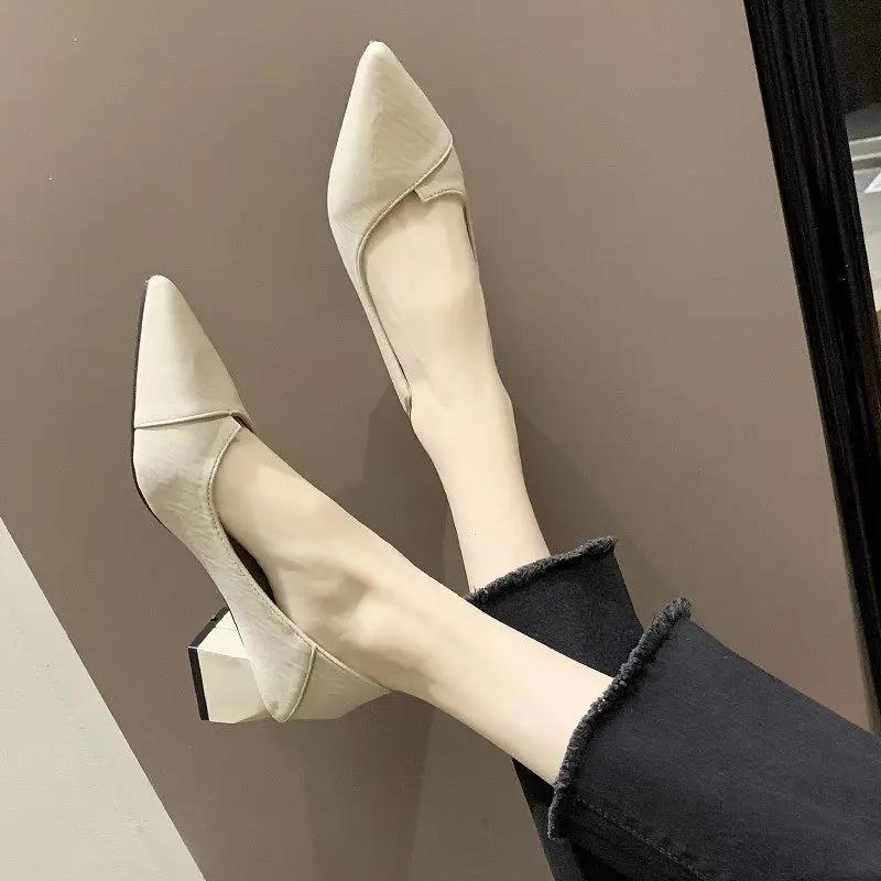Fashion Pointed Toe Chunky Heels Women's Shoes Leather Casual Block Heel Ladies Pumps with Medium on Promotion Fashion Genuine Mark Y2k