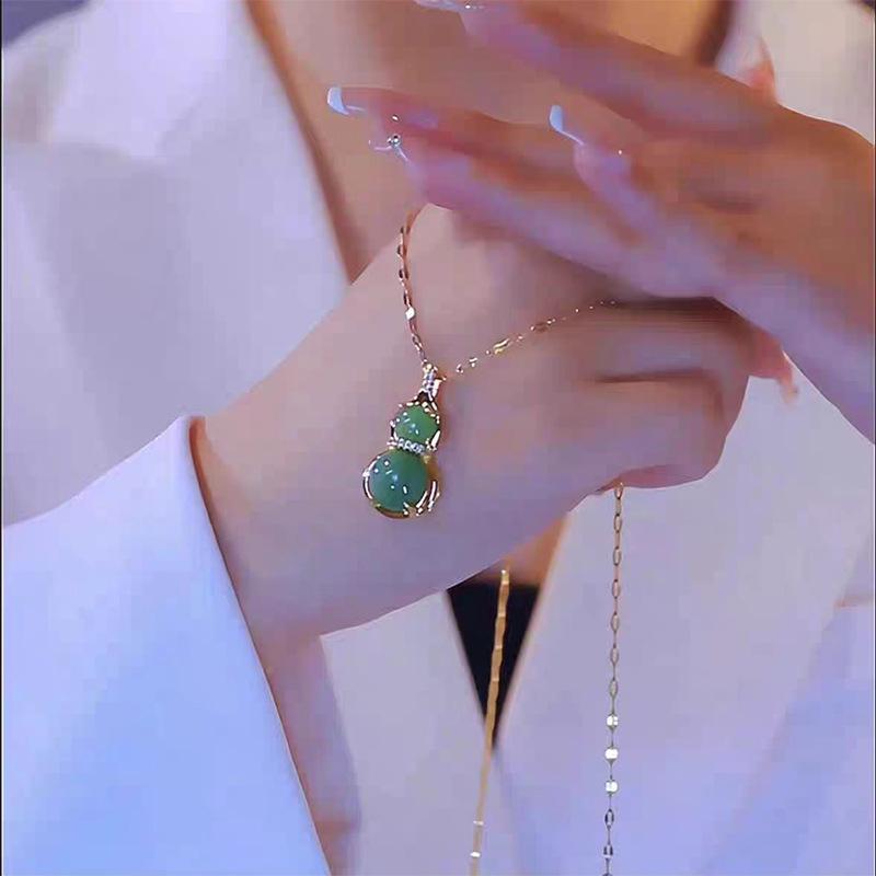 2024 Elegant Imitation Jade Gourd Necklace for Women - Luxurious Fu Lu Copper Pendant Chain