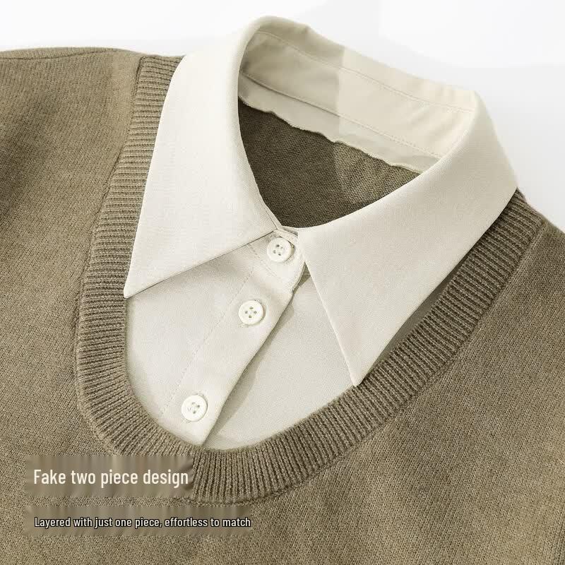 IHIMI 2025 Autumn Faux Two-Piece Knit Shirt Set