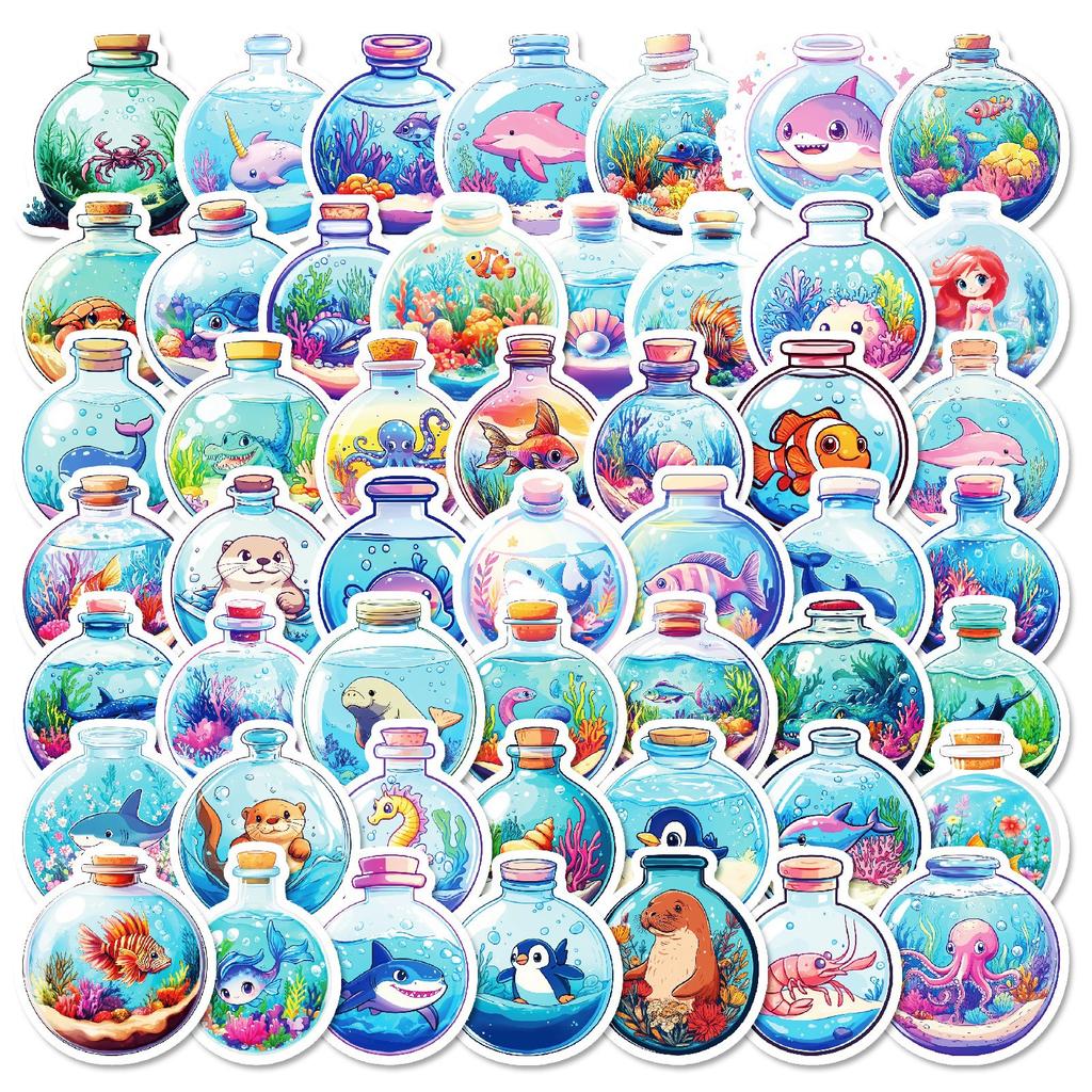 New 50 Round Bottles Underwater World Ins Creative Bottles Cute Cartoon Marine Animal Stickers Handbook Decoration