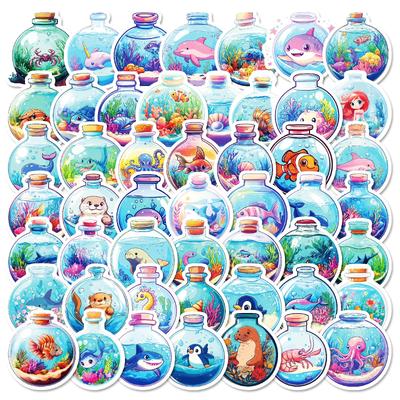 New 50 Round Bottles Underwater World Ins Creative Bottles Cute Cartoon Marine Animal Stickers Handbook Decoration