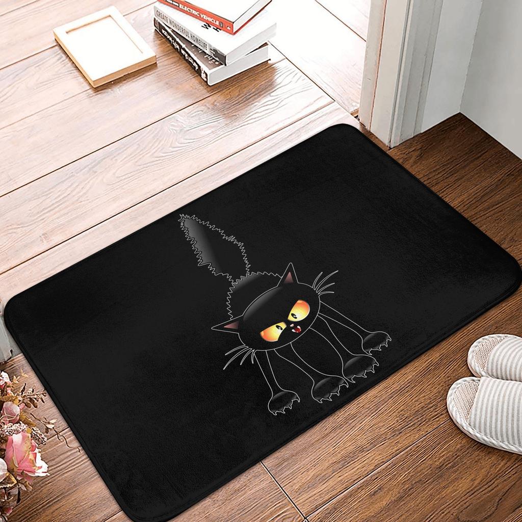 Smiling Black Cat Doormat Non-Slip Entrance Kitchen Bathroom Door Floor Mat Living Room Carpet Rug