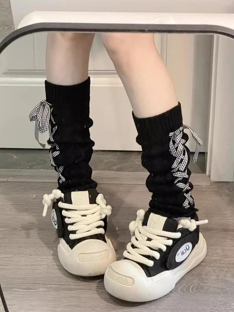 Woman Lolita Leg Warmer Autumn and Winter Ribbon Lolita Black Knee Warmers Long Socks JK Knitted Girl White Leg Warmers Stocking