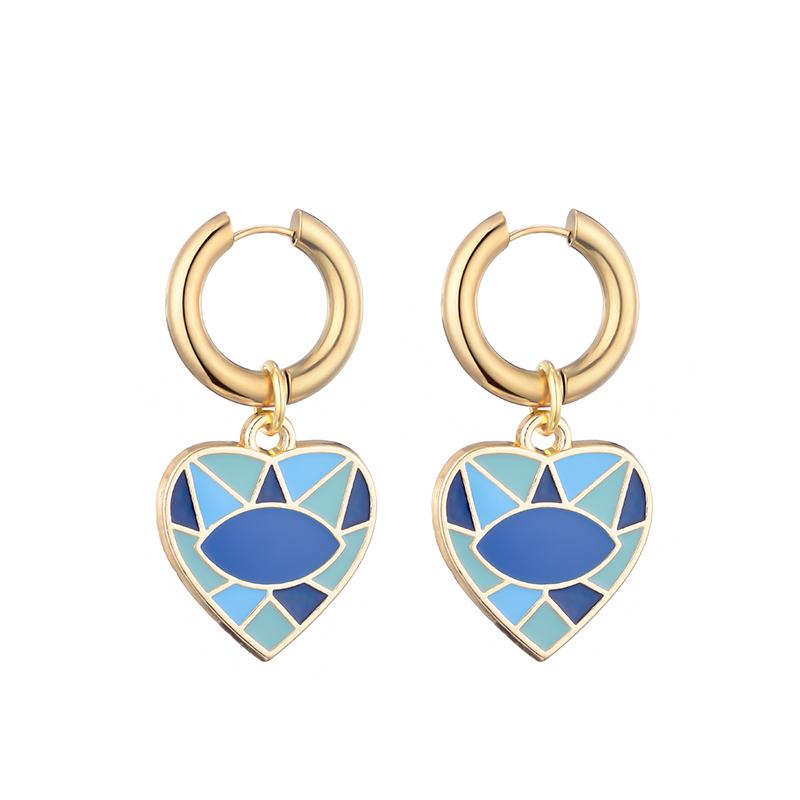 New Colorful Eye Love Heart Stainless Steel Hoop Earrings For Women Vintage Statement Enamel Gold Color Pendant Earrings Zircon