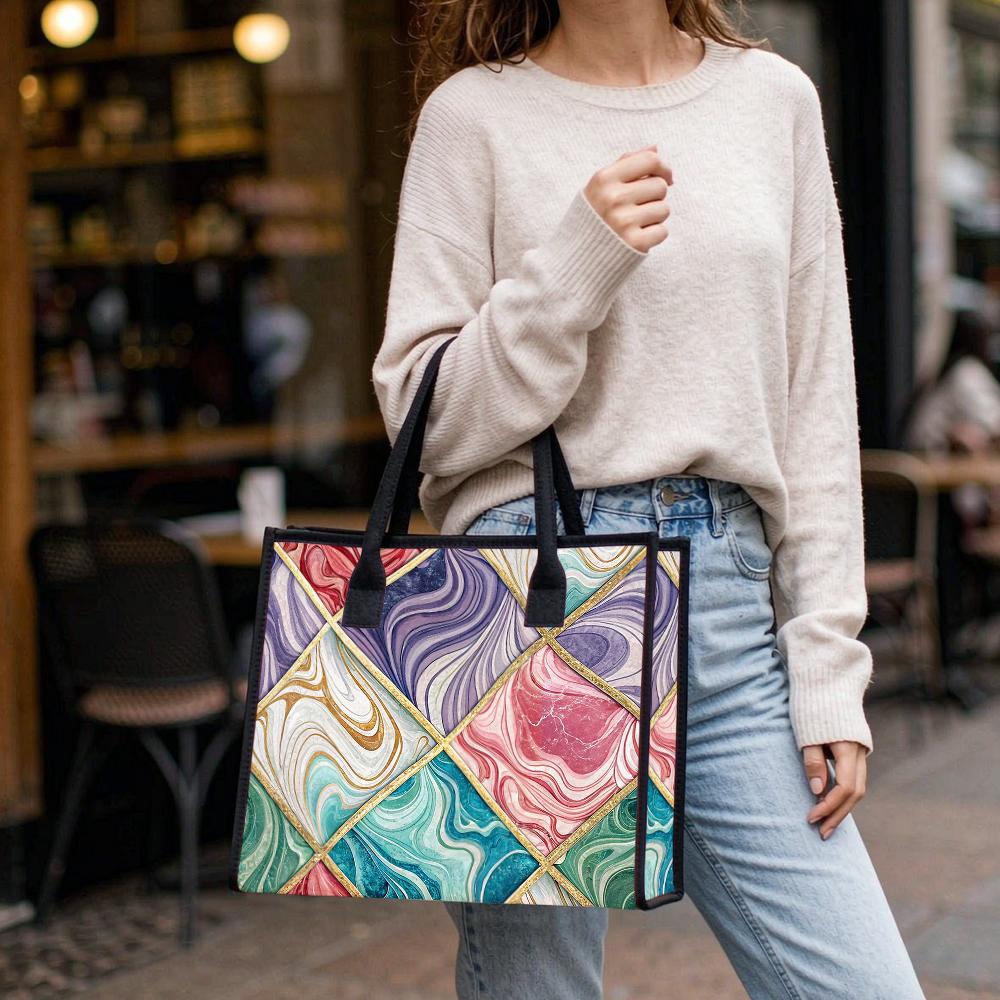Fashion Geometric Marble Pattern Tote Bag Casual Daily Portable Handbag for Women