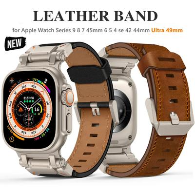 Leather Strap For Apple Watch Ultra 2 49mm 45mm 44mm WatchBand For iWatch Series 9 8 7 6 5 Se 4 42mm Men Bracelet Correa