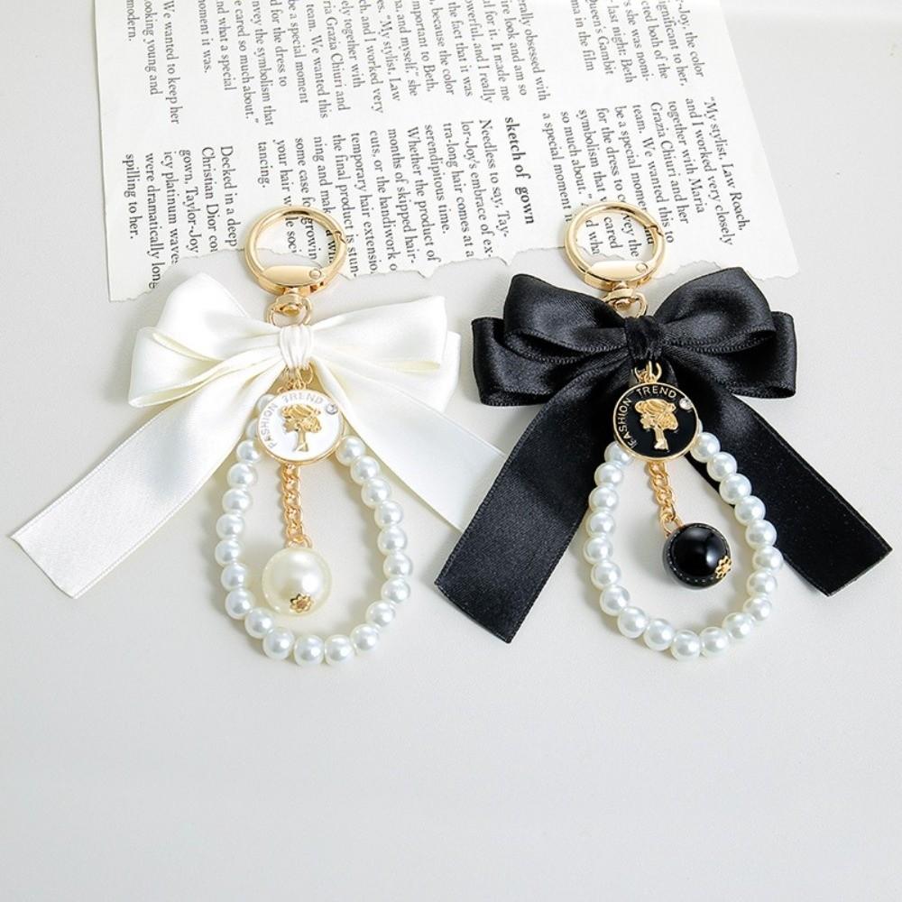 Car Pendant Bow Key Chain Big Bow Car Key Holder Exquisite Pearl Beaded Pendant Keyring