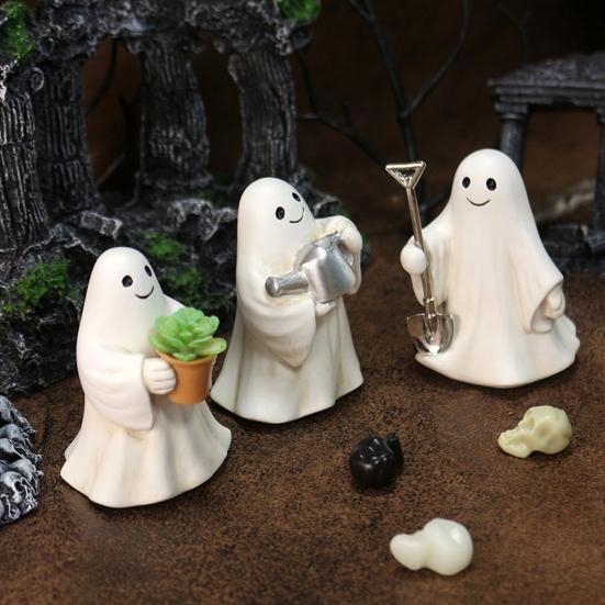 3 Pcs Halloween Ghost Figurines Resin Gardening Ghost Statue Cartoon Ghost Collectibles