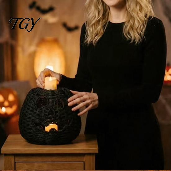 Autumn Table Decoration Halloween Resin Pumpkin Basket, Faux Woven Lantern Ornament, Spooky Gothic Home Decor Black Candy Jar for Tabletop Mantel