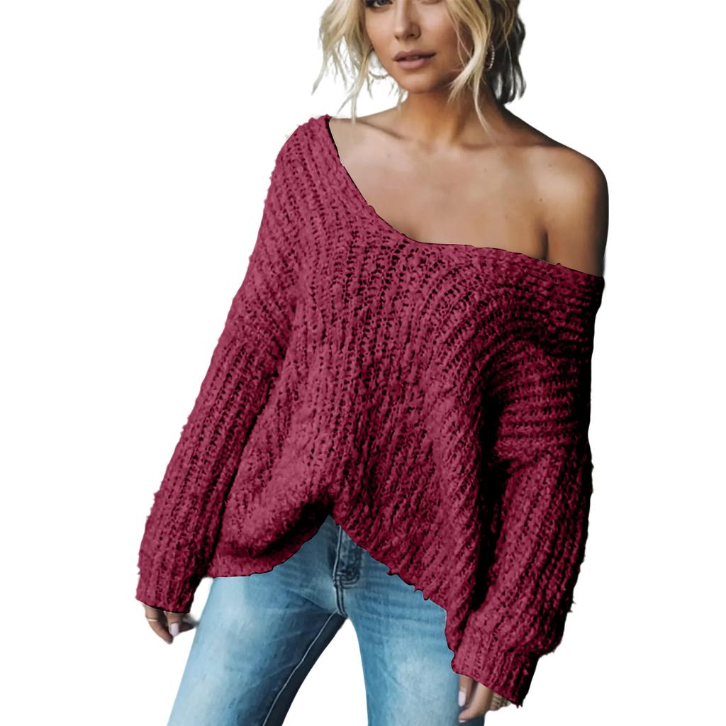 Ladies' Fashionable V-neck Slim Fit Long Sleeved Knitted Top
