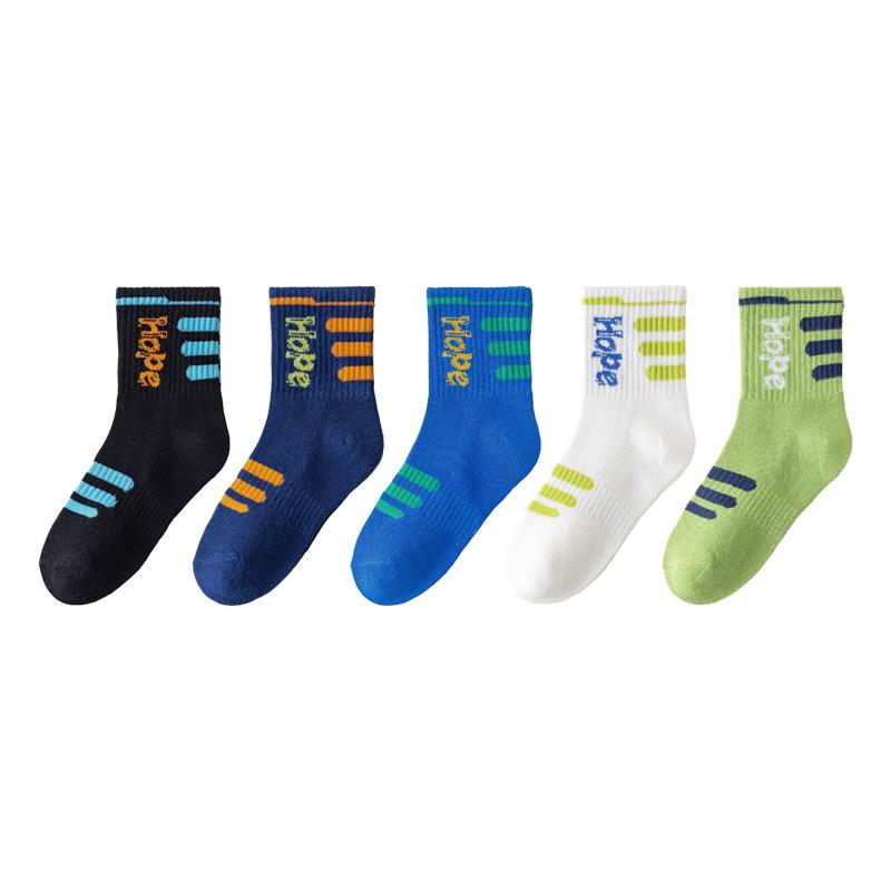 Boys' Mid-Calf Combed Cotton Socks - Spring/Autumn Stripe and Letter Design